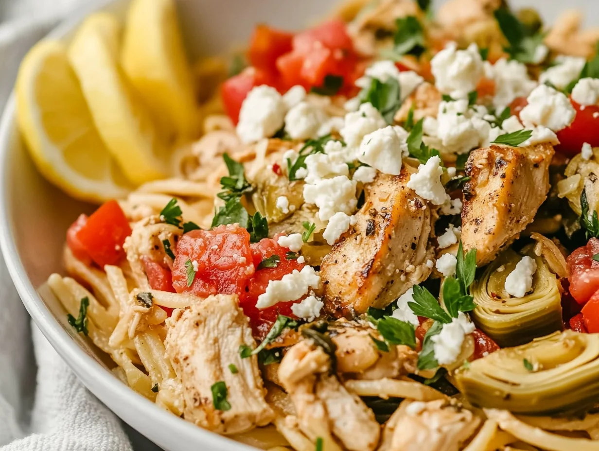 Bowl Of Greek Chicken Pasta Topped With Feta, Tomatoes, And Parsley, Garnished With Lemon Wedges