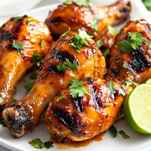 Grilled Chili Chicken Drumsticks Glazed With Sticky Sauce On A White Plate, Garnished With Cilantro And Lime