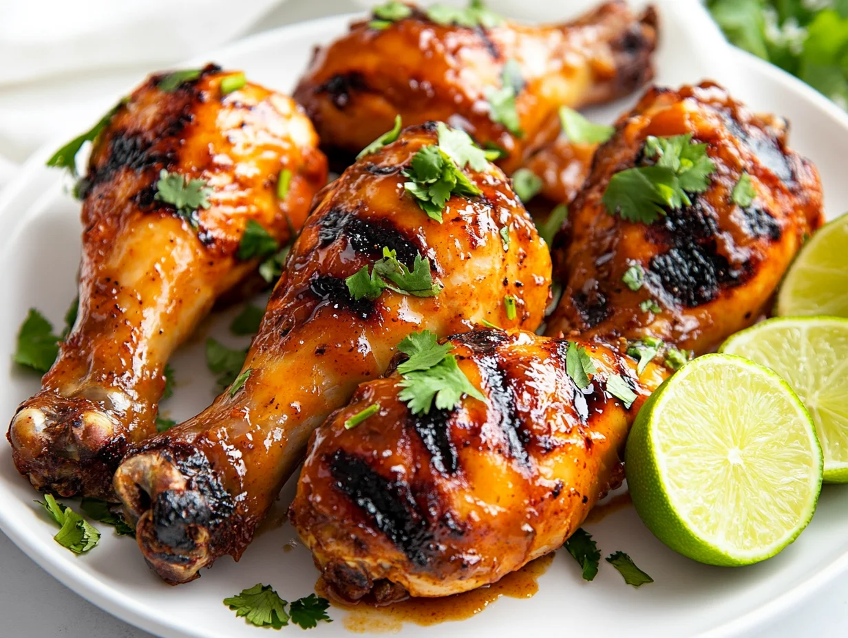 Grilled Chili Chicken Drumsticks Glazed With Sticky Sauce On A White Plate, Garnished With Cilantro And Lime