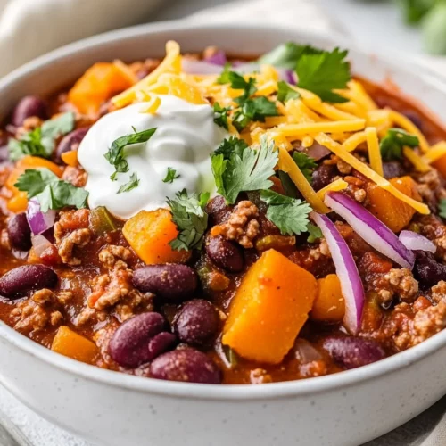 Cozy Ground Turkey Chili With Butternut Squash For Easy Weeknight Dinners 3 Bowl Of Ground Turkey Chili With Butternut Squash Topped With Shredded Cheese, Cilantro, Red Onion, And Sour Cream, On A Neutral Tabletop