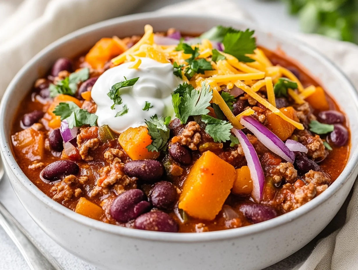 Bowl Of Ground Turkey Chili With Butternut Squash Topped With Shredded Cheese, Cilantro, Red Onion, And Sour Cream, On A Neutral Tabletop