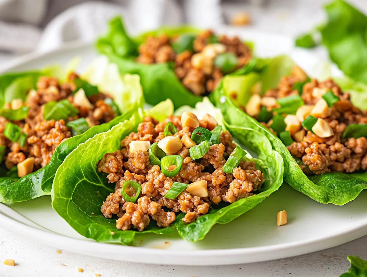 Ground Turkey Lettuce Wraps On A White Plate Garnished With Peanuts And Green Onions, Showcasing Fresh Ingredients.