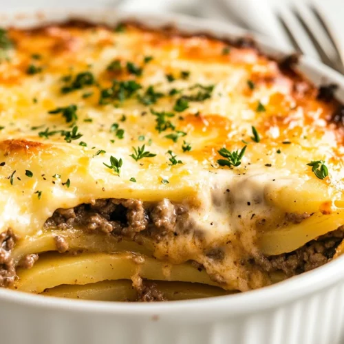 Best Hamburger Potato Casserole Recipe - Simple And Comforting 3 Golden Hamburger Potato Casserole With Melted Cheese In A White Dish, Garnished With Fresh Herbs On A Neutral Background.