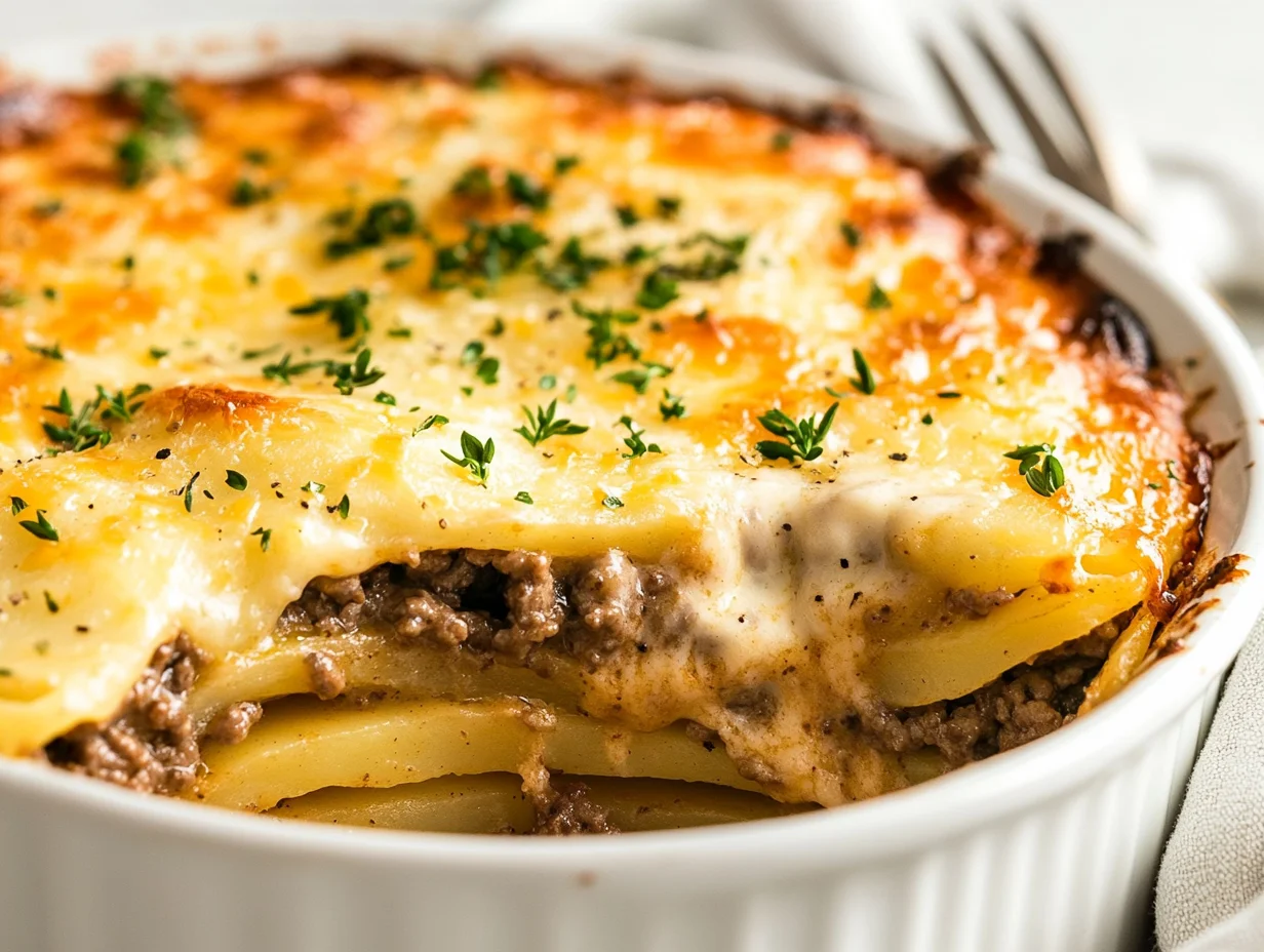 Golden Hamburger Potato Casserole With Melted Cheese In A White Dish, Garnished With Fresh Herbs On A Neutral Background.