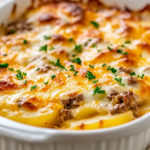 Hamburger Potato Casserole: A Comforting Family Favorite 3 Golden Hamburger Potato Casserole In A White Baking Dish, Topped With Melted Cheddar Cheese And Garnished With Fresh Parsley