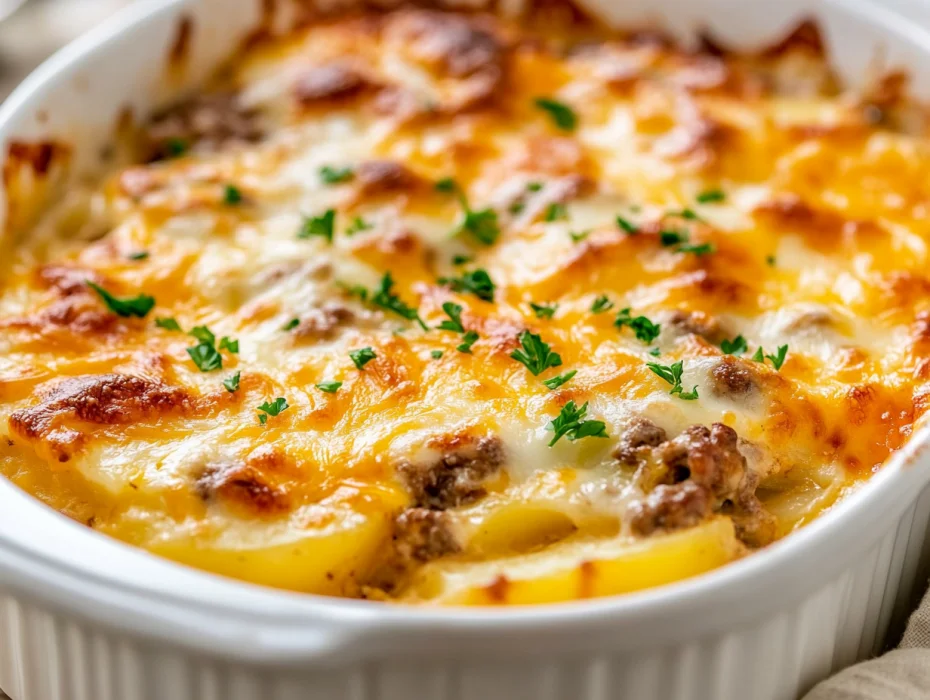 Golden Hamburger Potato Casserole In A White Baking Dish, Topped With Melted Cheddar Cheese And Garnished With Fresh Parsley