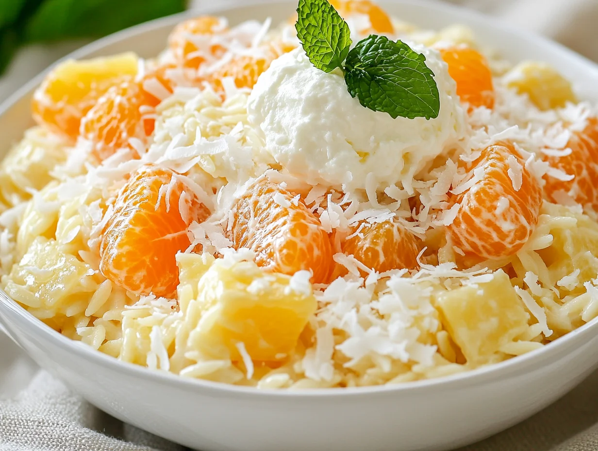 Colorful Holiday Ambrosia Salad Served In A White Bowl, Topped With Whipped Topping And Garnished With Coconut.