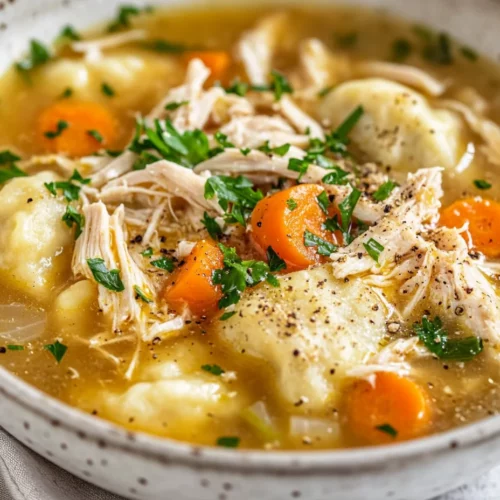 Homemade Chicken And Dumplings With Rolled Dumplings Recipe 3 Homemade Chicken And Dumplings With Rolled Dumplings In A White Bowl, Garnished With Parsley And Served With A Silver Spoon