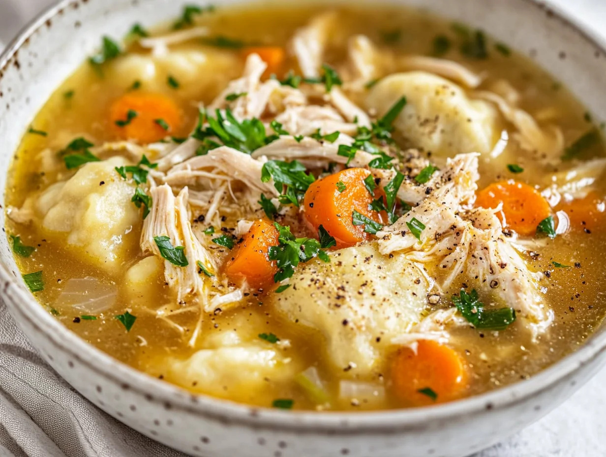 Homemade Chicken And Dumplings With Rolled Dumplings In A White Bowl, Garnished With Parsley And Served With A Silver Spoon