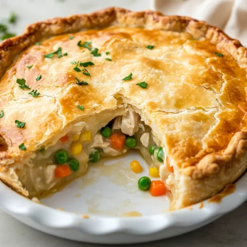 Homemade Chicken Pot Pie: A Comfort Food Classic 3 Golden Homemade Chicken Pot Pie In A White Ceramic Dish With A Slice Served On A Plate, Showcasing Creamy Chicken And Veggie Filling.
