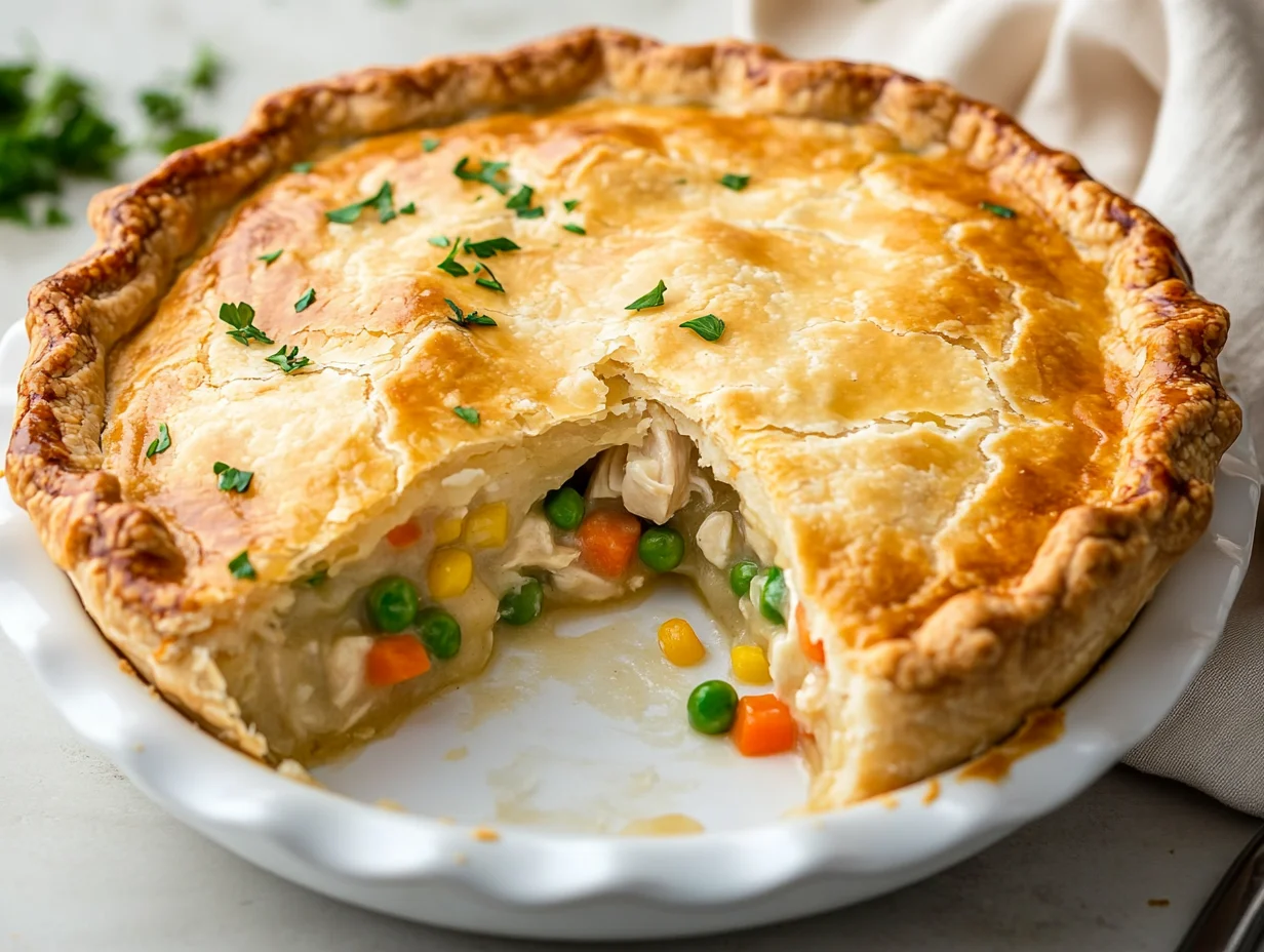 Golden Homemade Chicken Pot Pie In A White Ceramic Dish With A Slice Served On A Plate, Showcasing Creamy Chicken And Veggie Filling.
