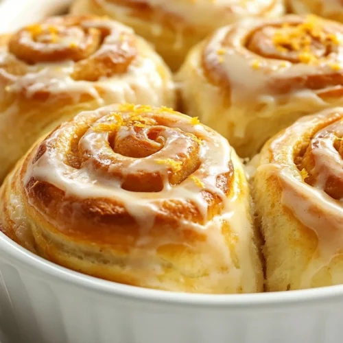Homemade Orange Sweet Rolls With Citrus Icing – Soft And Flavorful 3 Freshly Baked Homemade Orange Sweet Rolls In A White Dish Drizzled With Citrus Icing And Garnished With Bright Orange Zest.