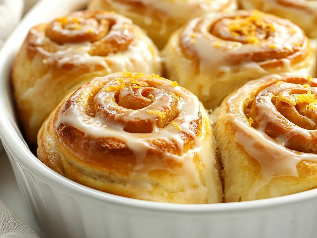 Freshly Baked Homemade Orange Sweet Rolls In A White Dish Drizzled With Citrus Icing And Garnished With Bright Orange Zest.