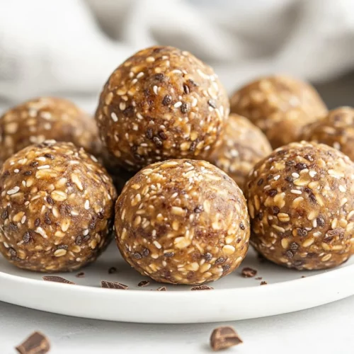Plate Of Homemade Protein Balls With Vanilla Drizzled With Honey, Garnished With Cocoa Nibs And Oats