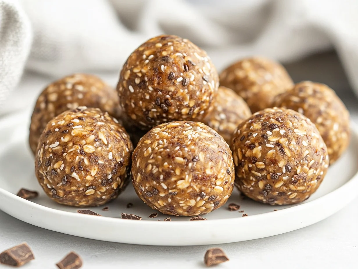 Plate Of Homemade Protein Balls With Vanilla Drizzled With Honey, Garnished With Cocoa Nibs And Oats