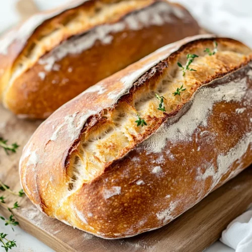 Golden Homemade Sourdough French Bread Loaves On A Wooden Board, Sliced To Reveal Airy Texture, Garnished With Fresh Thyme