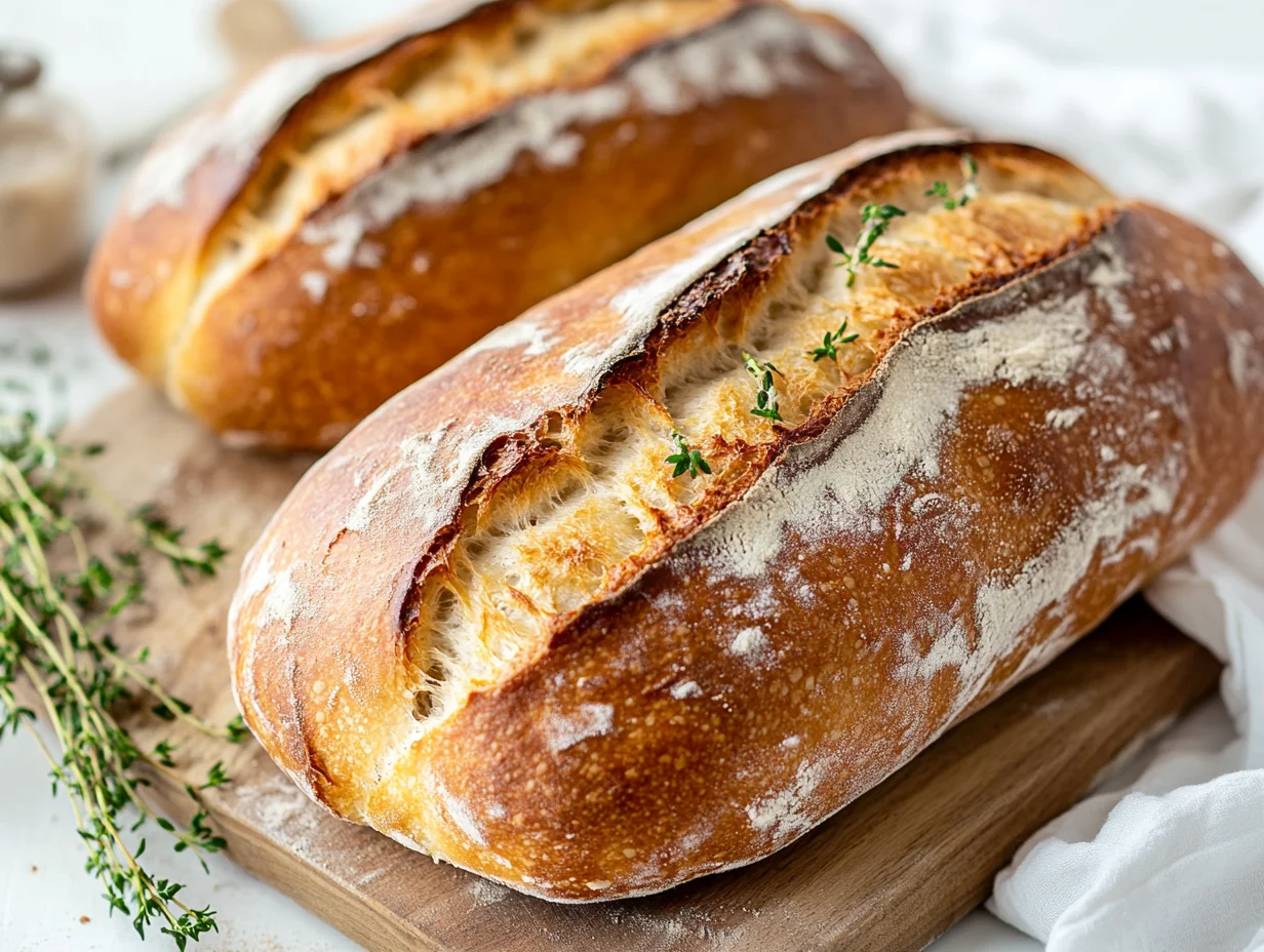 Golden Homemade Sourdough French Bread Loaves On A Wooden Board, Sliced To Reveal Airy Texture, Garnished With Fresh Thyme
