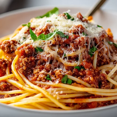 Easy Homemade Spaghetti Sauce With Ground Beef Recipe For The Best Dinner 3 Bowl Of Homemade Spaghetti Sauce With Ground Beef Over Spaghetti, Garnished With Basil And Parmesan On A White Plate