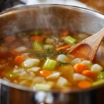 Jar Of Homemade Turkey Stock Garnished With Fresh Parsley On A Wooden Cutting Board With Steam Rising