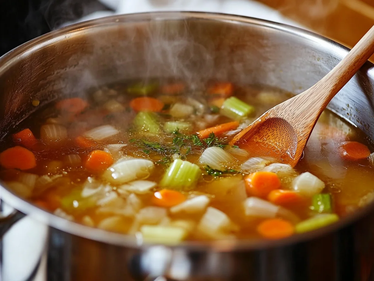 Jar Of Homemade Turkey Stock Garnished With Fresh Parsley On A Wooden Cutting Board With Steam Rising