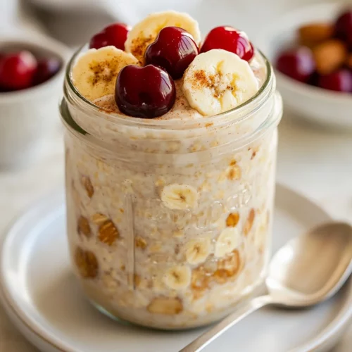 How To Make Overnight Oats: A Simple And Delicious Breakfast 3 Jar Of Overnight Oats Topped With Sliced Bananas, Cherries, And Toasted Almonds On A White Plate With A Spoon Beside It