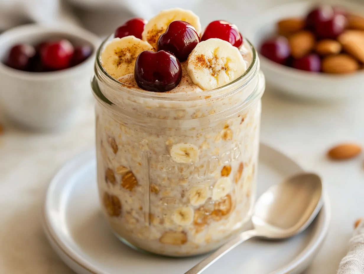 Jar Of Overnight Oats Topped With Sliced Bananas, Cherries, And Toasted Almonds On A White Plate With A Spoon Beside It