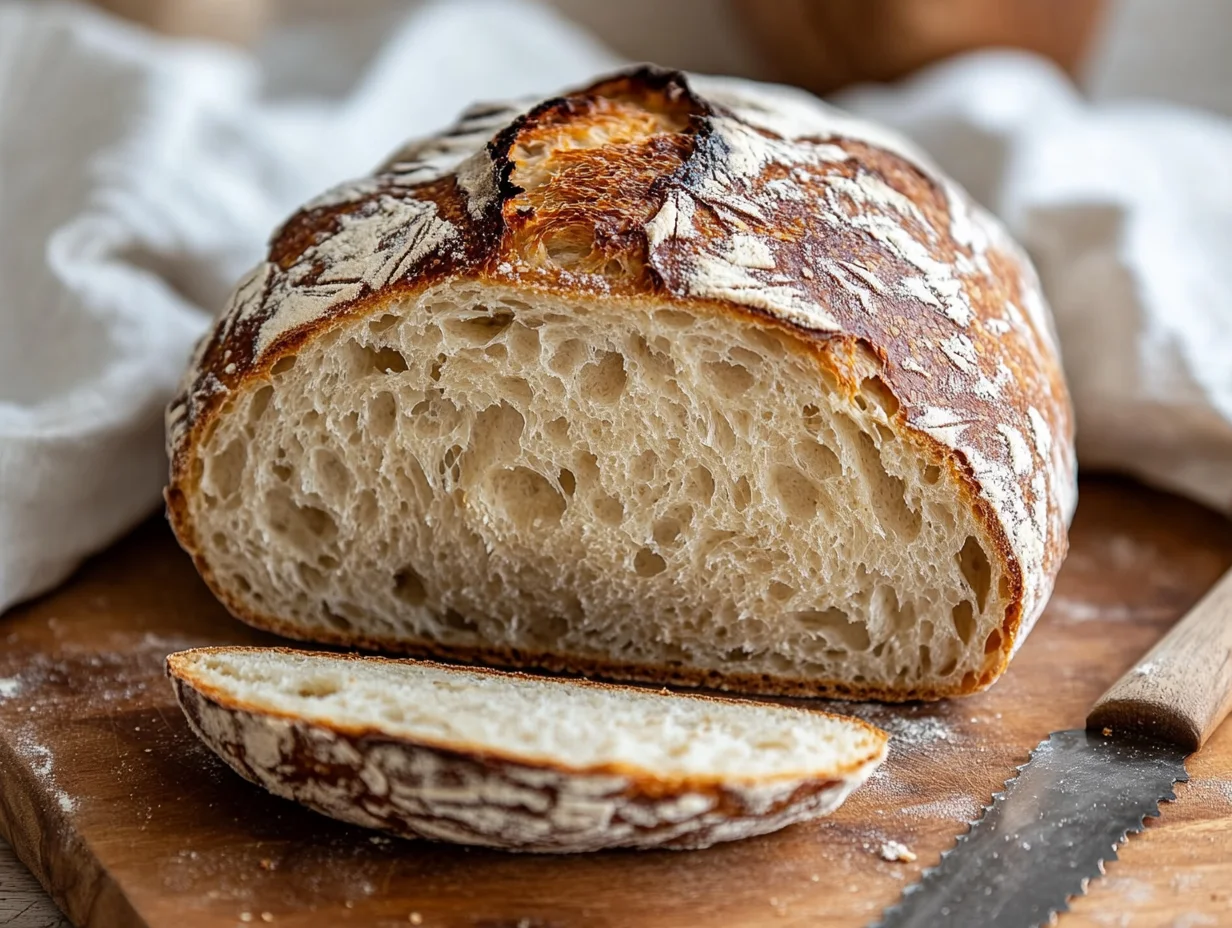 Golden Brown Sourdough Bread Loaf With A Crackly Crust, Flour Dusting, And Airy Crumb On A Wooden Cutting Board.