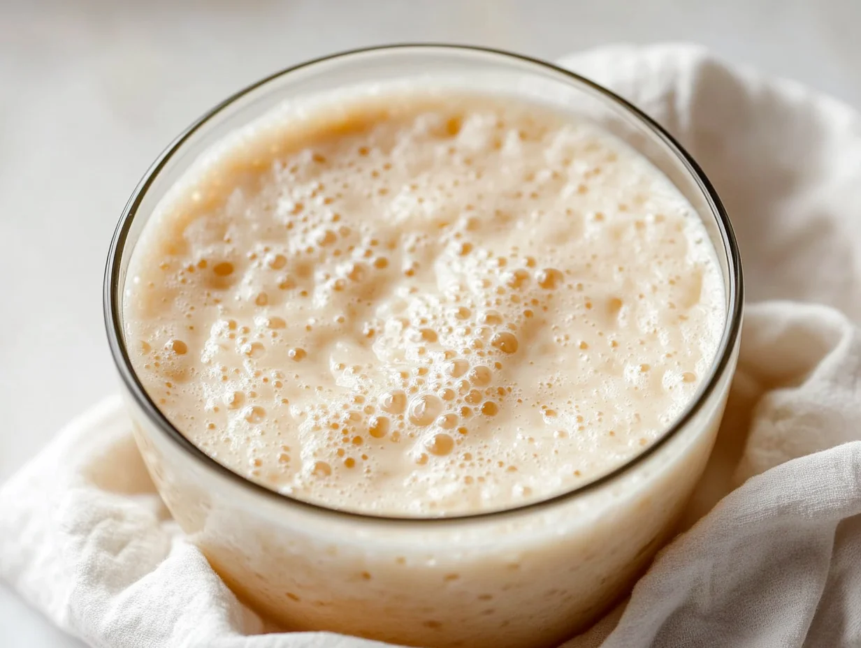 Bubbling How To Make Sourdough Starter In A Glass Bowl With A Kitchen Towel Beside It, Highlighting Its Airy Texture.