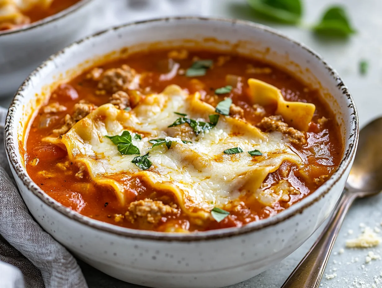 Bowl Of Instant Pot Lasagna Soup Topped With Grated Parmesan And Fresh Basil On A Neutral Background