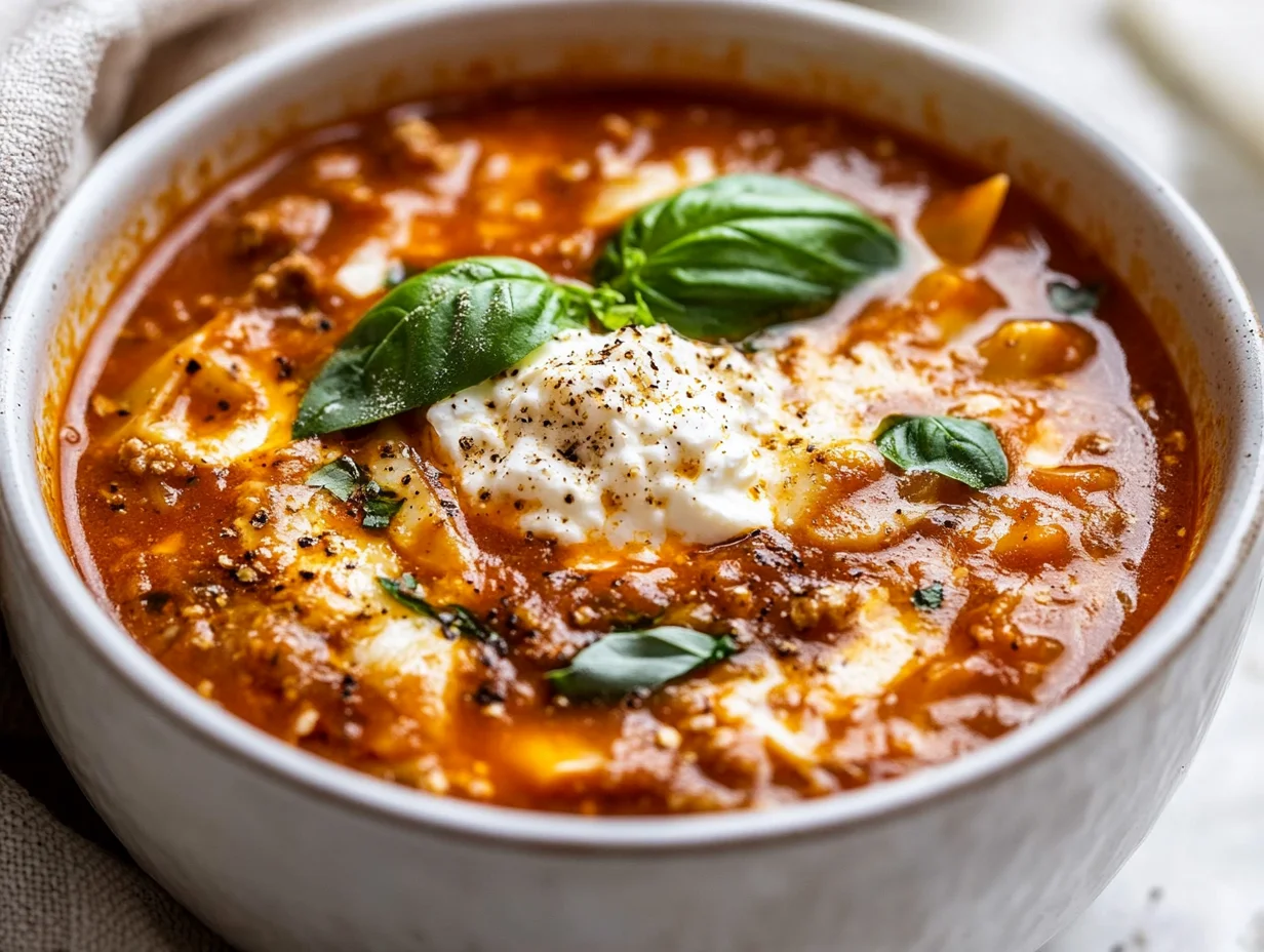 Bowl Of Lasagna Soup With Sausage Topped With Ricotta And Fresh Basil In Inviting Natural Light