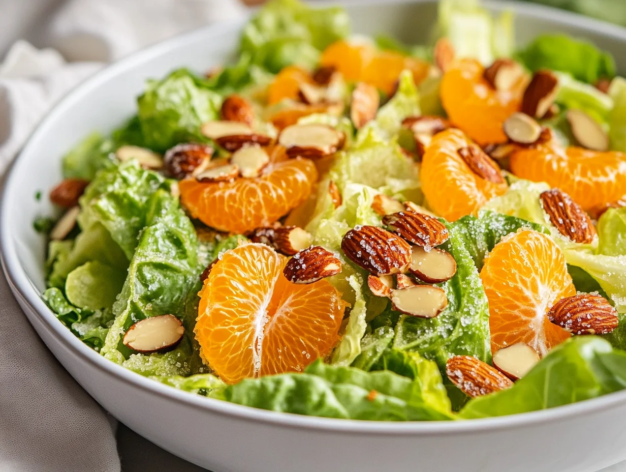 Mandarin Almond Salad With Romaine, Mandarin Oranges, And Sugared Almonds In A White Bowl, Drizzled With Vinaigrette