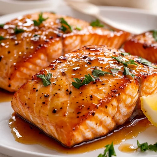 Maple Glazed Salmon: A Quick And Easy Family Favorite 3 Maple Glazed Salmon Fillets On A White Plate, Glossy Caramelized Glaze, Parsley Garnish, Lemon Wedges