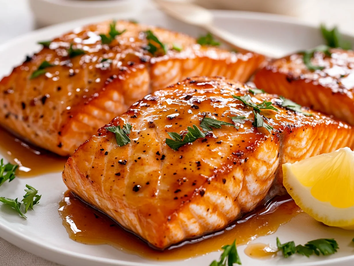Maple Glazed Salmon Fillets On A White Plate, Glossy Caramelized Glaze, Parsley Garnish, Lemon Wedges