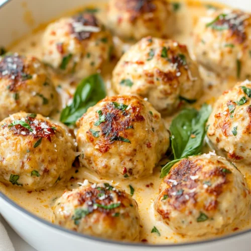 Golden Marry Me Chicken Meatballs In Creamy Sun-Dried Tomato Sauce, Garnished With Fresh Basil And Parmesan In A White Skillet