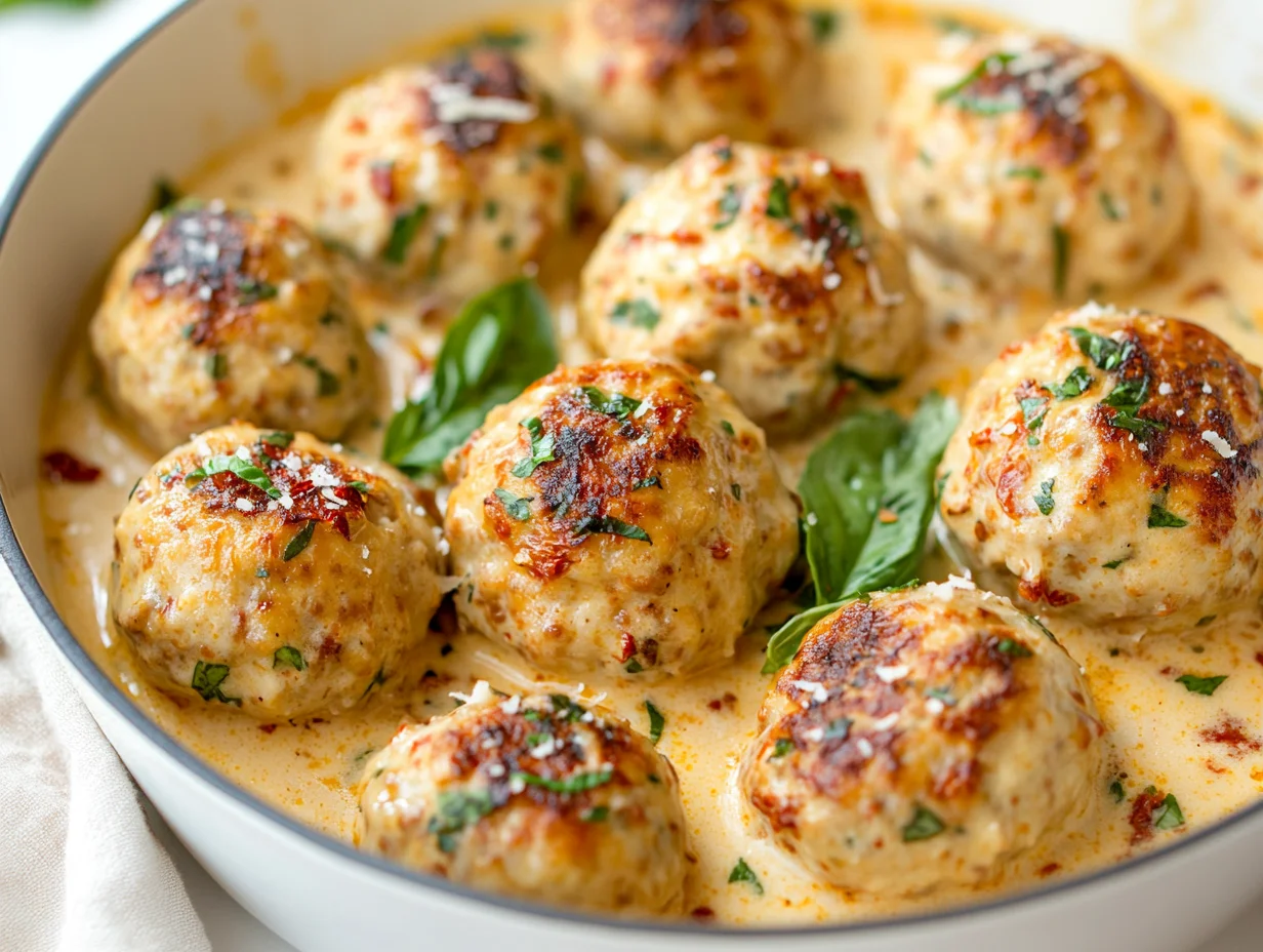 Golden Marry Me Chicken Meatballs In Creamy Sun-Dried Tomato Sauce, Garnished With Fresh Basil And Parmesan In A White Skillet