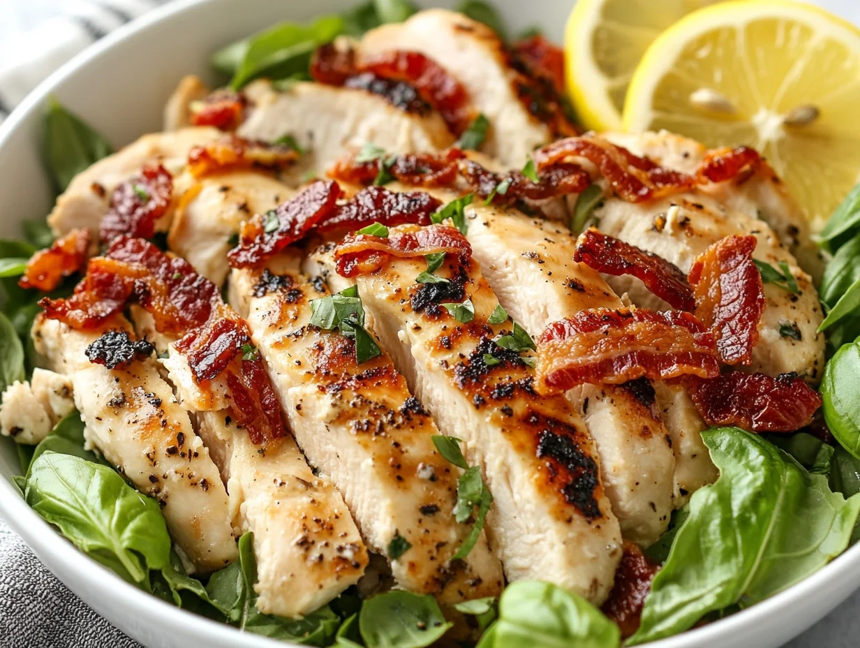 Marry Me Chicken Salad In A White Bowl, Garnished With Fresh Basil And Lemon Slices, Showcasing Creamy Textures And Colorful Ingredients.