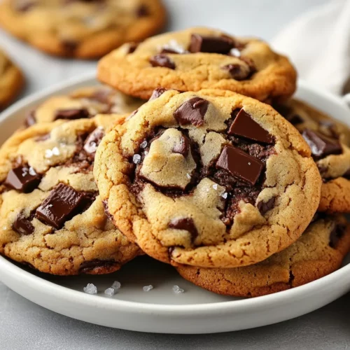 Delicious Million Dollar Chocolate Chip Cookies On A White Plate, Sprinkled With Sea Salt And Melted Chocolate Chunks