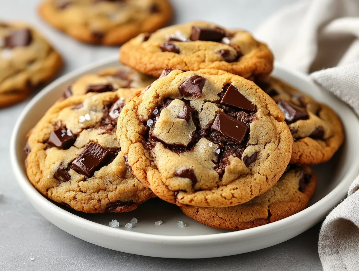 Delicious Million Dollar Chocolate Chip Cookies On A White Plate, Sprinkled With Sea Salt And Melted Chocolate Chunks