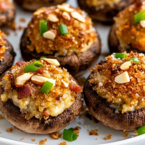 Million Dollar Stuffed Mushrooms - The Ultimate Cheesy Appetizer 3 Delicious Million Dollar Stuffed Mushrooms On A White Plate, Topped With Scallions And Golden Panko Crumbs