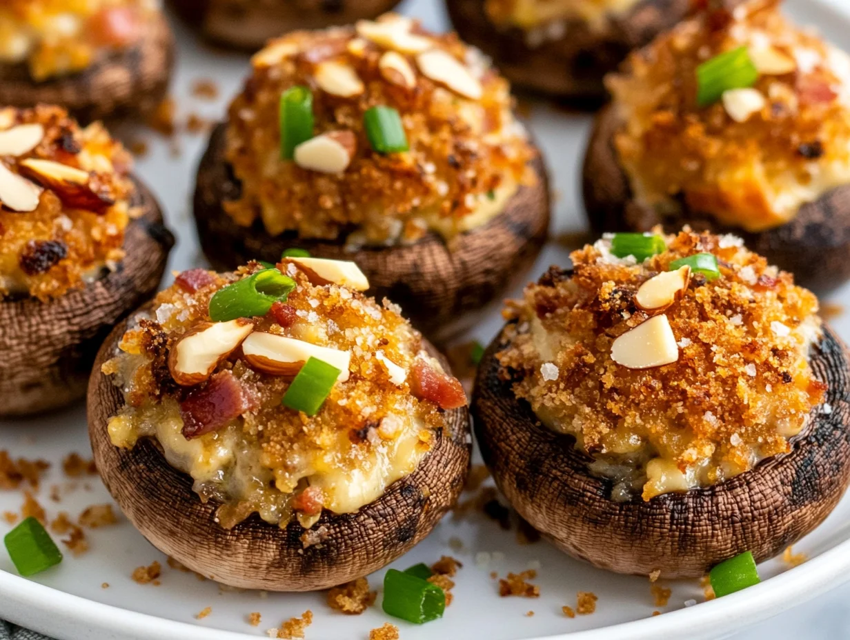 Delicious Million Dollar Stuffed Mushrooms On A White Plate, Topped With Scallions And Golden Panko Crumbs