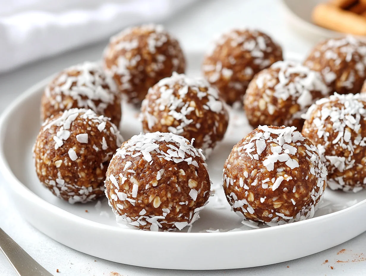 Close-Up Of No Bake Energy Balls On A White Plate, Topped With Shredded Coconut And Cinnamon, In A Bright, Natural Setting