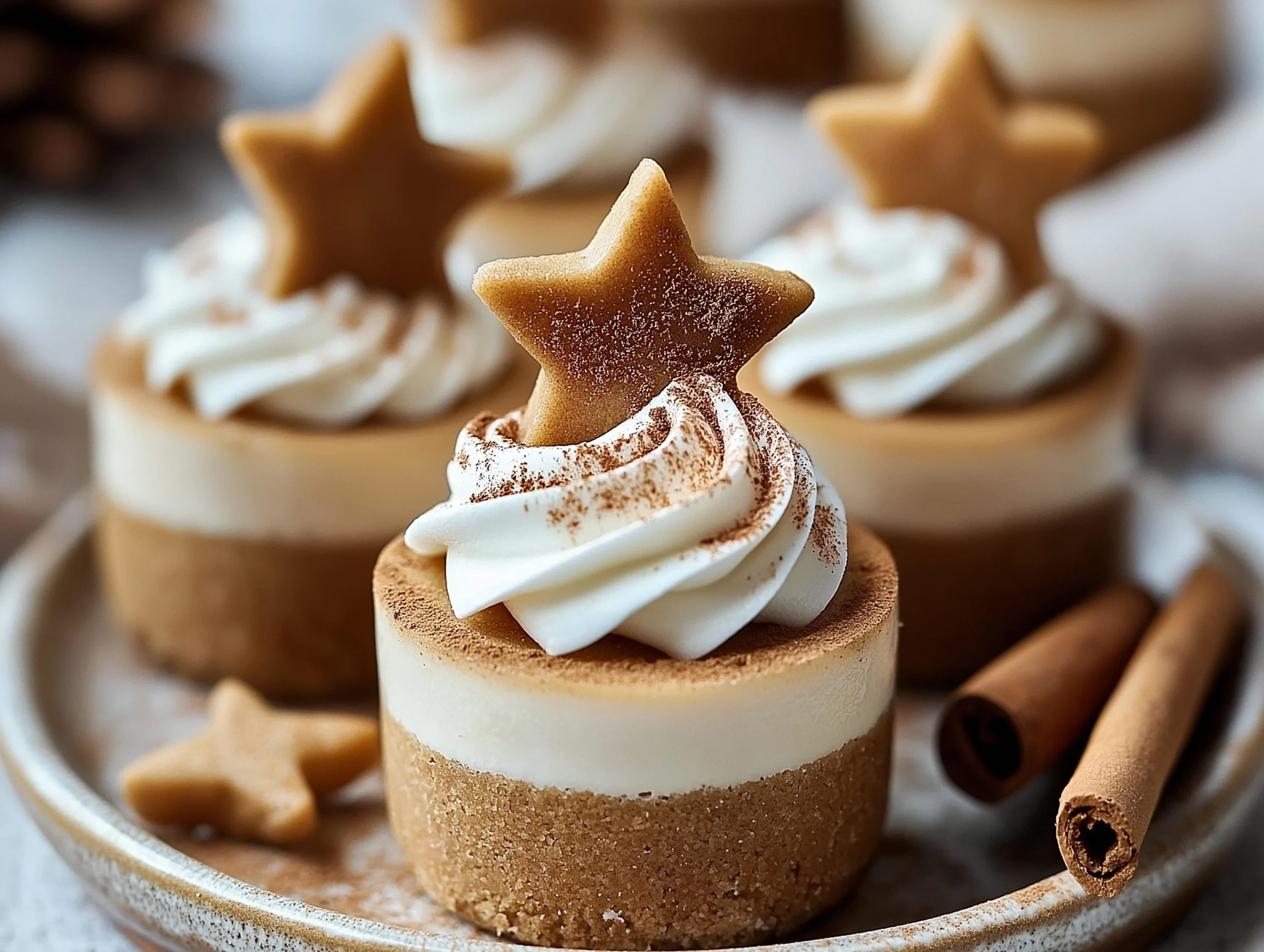 Festive No-Bake Gingerbread Cheesecake Cups Topped With Whipped Cream And Cinnamon On A Platter, Garnished With Cookie Crumbs