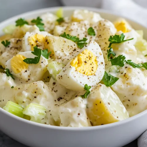 Bowl Of Old-Fashioned Potato Salad With Chopped Celery And Eggs, Garnished With Parsley