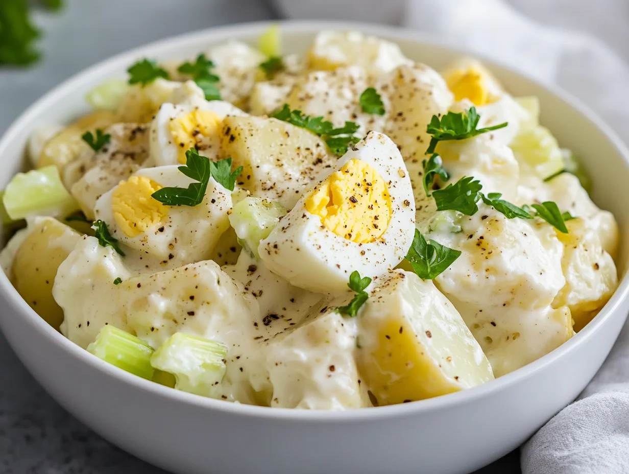 Bowl Of Old-Fashioned Potato Salad With Chopped Celery And Eggs, Garnished With Parsley