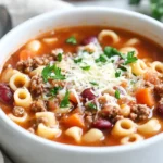 Close-Up Of Olive Garden Pasta E Fagioli Soup In A White Bowl, Garnished With Parsley And Parmesan, With A Spoon And Napkin Nearby