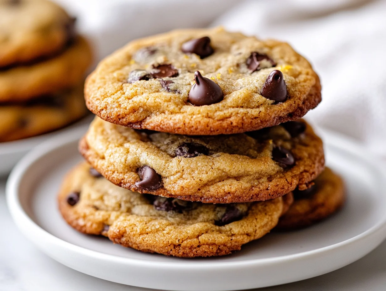 Stack Of Orange Chocolate Chip Cookies On A White Plate, Showcasing Crispy Edges And Melted Chocolate Chips