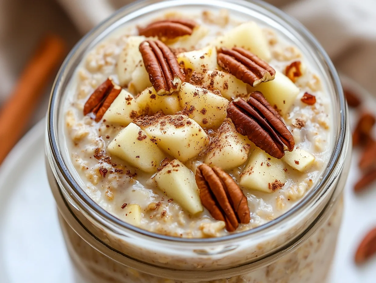Overnight Oats With Apple And Cinnamon In A Mason Jar Topped With Fresh Apple And Toasted Pecans On A White Plate