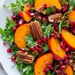 Vibrant Persimmon Pomegranate Salad On A White Plate, Garnished With Pecans And Drizzled With Pomegranate Dressing