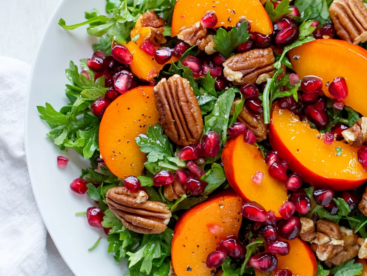 Vibrant Persimmon Pomegranate Salad On A White Plate, Garnished With Pecans And Drizzled With Pomegranate Dressing