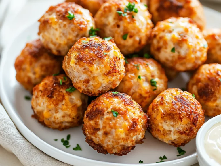 Golden Red Lobster Sausage Balls On A White Plate, Garnished With Parsley, Served With Dipping Sauce On A Neutral Background